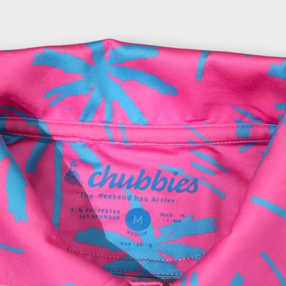 Chubbies Polo Shirt Medium Pink & Blue Palms Electric Slide Performance Stretch - Picture 8 of 9